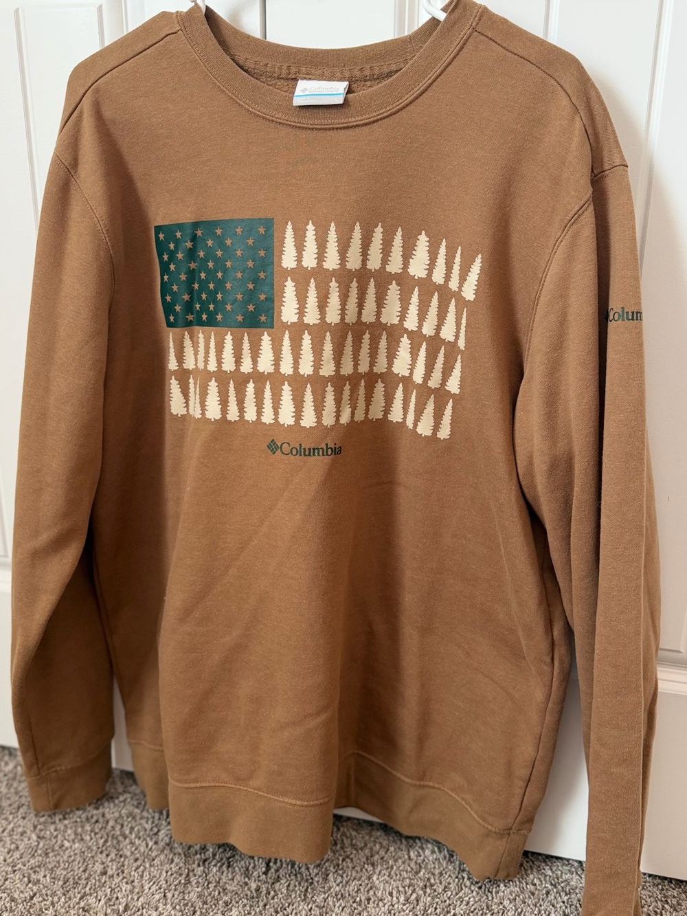 Columbia Men’s Brown Crewneck with Green & Cream Forest Flag Graphic